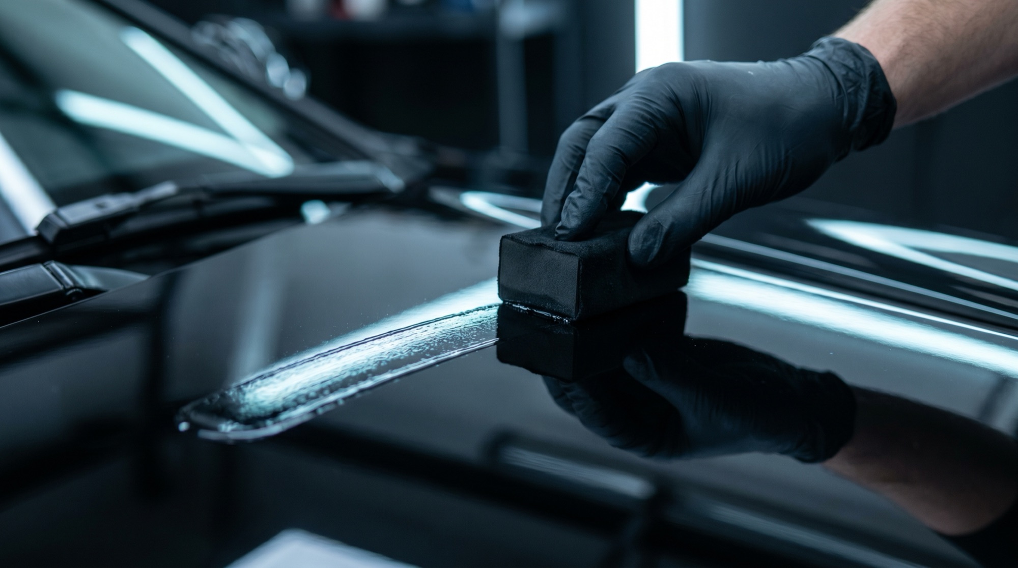 Gloved hand applying ceramic coating to glossy black paint with an applicator block