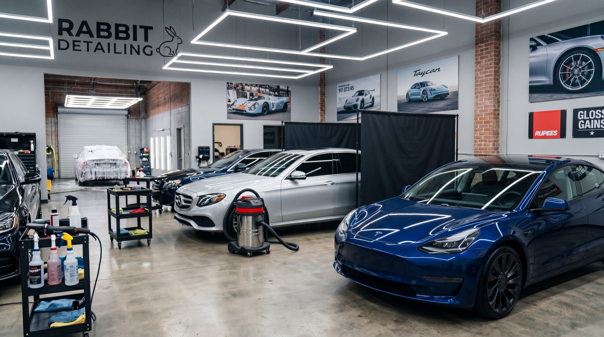 Inside the Rabbit Detailing studio bay under inspection lighting